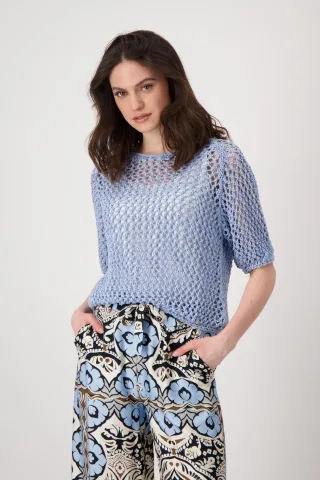 monari - Kurzarm-Ajour-Pullover blue sky - Gr. - 38