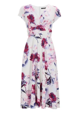 SWING - Midi Kleid aus bedrucktem Scuba ivory / ruby red - Gr. - 36