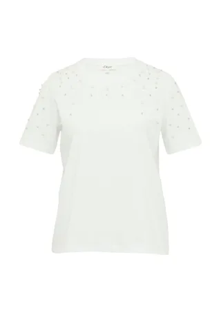 s.Oliver Red Label - T-Shirt mit Schmuckperlen im Relaxed Fit weiß - Gr. - 36