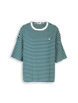 Tom Tailor - Oversize T-Shirt mit Streifenmuster meadow green offwhite stripe - Gr. - M