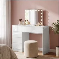 Bellamio Schminktisch Livny mit 5 Schubladen und Spiegel, Make Up Tisch 110×53×80 cm, Weiß (mit Hollywood-Spiegel, USB-Anschluss), Schminkspiegel 58×46 cm, 3 Farbstufen mit Touch-Sensor