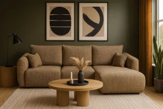 Ecksofa mit Schlaffunktion RUDEN Sofa in Stoff Bello Braun Ottomane Rechts