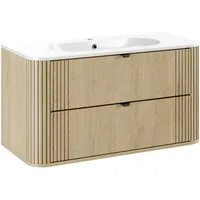 Lomadox Waschtisch OLIVA-56, Eiche gerillt 100 cm Metallgriffe Softclose Mineralguss Waschbecken
