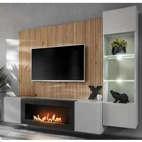 Inn.Furn Wohnwand iLike, (Fernsehschrank mit integriertem Ethanol Kamin, helles Grau mit Eiche Artisan, Breite 200 cm), mit Push-To-Open und LED Beleuchtung
