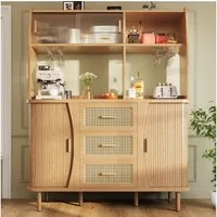 Celya Küchenbuffet Buffetschrank Rattanoptik mit Stauraum (mit 3 Schubladen und Glasschiebetüren, belastbar bis 60kg) Integrierte Glashalter, verstellbare Füße und abgerundete Kanten