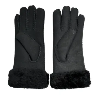 Damenhandschuhe aus echtem schwarzem Schaffell-Wildleder mit Pelzmanschette