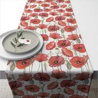 Ambiente Luxury Paper Products Tischläufer, Tischläufer Baumwolle 40cm x 1,5m Rote Mohnblumen Motiv Weiß Rot