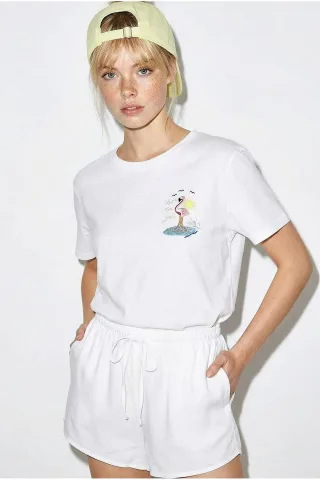 Besticktes Rundhals-Cotton-T-Shirt