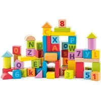 Woodyland Lernspielzeug 60 bunte, pastellfarbene Holzbausteine mit ABC, Zahlen und Steckspiel, Integriertes Steckspiel im Deckel der Aufbewahrungstrommel