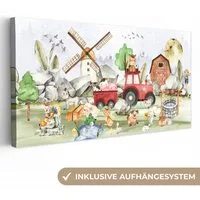 OneMillionCanvasses® Leinwandbild Panorama Bauernhof - Traktor - Kinder - Tiere, Fotodruck (1 St), Wandbild, Deko Schlafzimmer Wohnzimmer Flur 40x20 cm