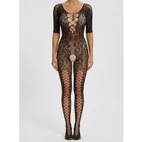 Elegant Love Bodystocking-Ouvert Sexy Catsuit Dessous mit offenem Schritt, Netzstrumpfhose mit Ärmeln Sinnliche Strümpfe, Strumpfbody für Damen
