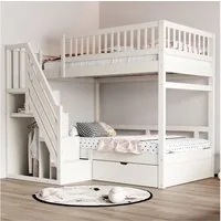 Merax Etagenbett (1-St., Hochbett Stockbett mit Sicherheitszaun), Massivholzbett Kinderbett 90x200cm mit Stauraumtreppe und Schublade