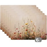 MuchoWow Platzset Wildblumen - Pinselstriche - Ruhig, (6-St), Platzsets, Tischset, Abwaschbar, Tischsets, Platzdeckchen
