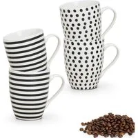 matches21 HOME & HOBBY Tasse Kaffeetassen 4er Set Punkte Streifen Design gepunktet, 4-tlg., Porzellan, Tee Kaffee-Becher, modern, weiss schwarz gestreift, 300 ml