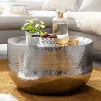 FINEBUY Couchtisch FB30286 rund 60cm Aluminium silber Handgefertigt Wohnzimmertisch (Aluminium Silber 60x60x35cm Sofatisch Hammerschlag), Wohnzimmertisch Rund, Kaffeetisch Orientalisch
