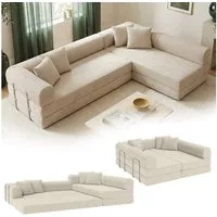 skølm Sofa & Sessel Lofn aus Vollschaum Cord, umwandelbar zum Schlafsofa/-Sessel, Beige, Ecksofa 300 cm breit, 4 Sitzer, kein Aufbau erforderlich, vakuumiert