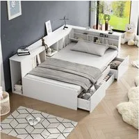 Ulife Kinderbett Jugendbett, Einzelbett mit Schubladen,Bücherregal und Stauschrank (Ohne Matratze), 90x200cm