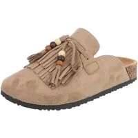 Ital-Design Damen Clog mit Fransen und Perlen, Schlupfschuh Pantolette (91742351) Flach Pantoletten in Hellbraun