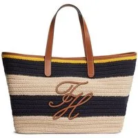 Tommy Hilfiger Tragetasche TH NAUTICAL TOTE CROCHET STR, Damen Strandtasche mit Streifen und Logoschriftzug