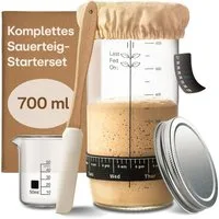 Praknu Fermentationsglas Sauerteig Starter Set aus Glas (700 ml) Komplett - Set mit Anleitung, Glas, Silikon, Baumwolle, Metall, (Starter Set, Komplett-Set für Sauerteigkultur), Plastikfrei, spülmaschinengeeignet, für Anfänger