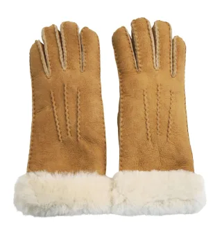 Damenhandschuhe aus echtem, hellbraunem Schaffell und Wildleder mit Pelzmanschette
