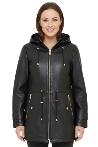 Schwarzer Lederparka für Damen mit abnehmbarer Borg-Kapuze, Trenchcoat – Emilia