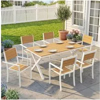 Outsunny Garten-Essgruppe mit 6 stapelbare Stühlen, Holzoptik, Aluminiumrahmen, Lamellsitz, (Sitzgruppe, 7-tlg., Gartenmöbel Set), für Garten Terrasse Teak