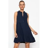SASSYCLASSY Minikleid Ärmelloses Musselinkleid mit Volants für Damen Luftiges Sommerkleid aus Musselin Baumwolle mit Stehkragen