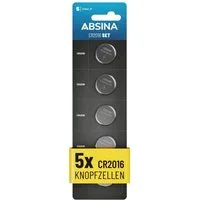 ABSINA CR2016 Knopfzelle 5er Pack - CR 2016 Knopfzelle 3V, Batterie CR2016 Knopfzelle, (1 St)