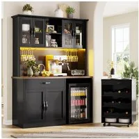 Odikalo Küchenbuffet Küchenschrank mit LED Rollwagen & Weinregal (mit Weinglasregal & Weinregal, Beleuchteter Sideboard Schrank für Wohnzimmer, Esszimmer)