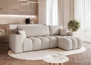 Ecksofa Schlafsofa Sofa ANABEL in Stoff Centaur Hellgrau Ottomane Rechts