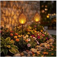 etc-shop LED Solarleuchte, LED-Leuchtmittel fest verbaut, Warmweiß, 2er Set LED Solar Außen Lampe Flammen Optik Glas Kugel Steck Strahler