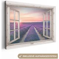 OneMillionCanvasses® Leinwandbild Fensterblick - Fenster - Lavendel - Blumen - Holz - Sonnenuntergang -, Fotodruck (1 St), Leinwand Bilder Klein, Wand Dekoration Aesthetic 30x20 cm