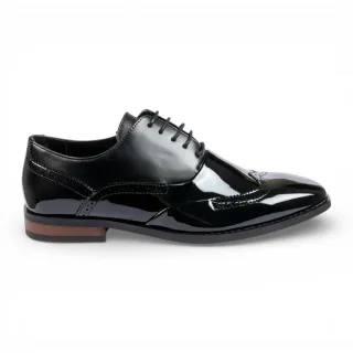Schwarze Herren-Brogue-Schuhe aus Lackleder mit Flügelkappe