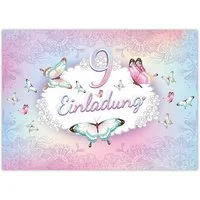 LIMONIA Einladungskarten Schmetterling Einladungen zum Kindergeburtstag Blumen Mädchen, Einladungskarten zum 9. Geburtstag