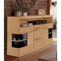 OTTO home Sideboard Ribe,130cm breit,Fronten Massivholz,2Türen mit gehärtetem Glaseinsatz, Korpus aus Holzwerkstoff, Metall Griffe,7 Fächer, Böden versetzbar