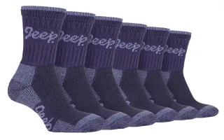 JEEP 6 Paar Multipack Damen Baumwolle atmungsaktive gepolsterte Wandersocken | Gepolsterte Anti-Blister-Crew-Trekkingsocken für Damen Lila / Lila