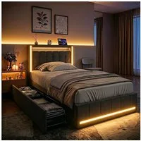 Furnishings Home Polsterbett LED Doppelbett Stauraumbett mit Kopfteil und 4 Schubladen (Leinenmaterial Polsterbett mit RGB Beleuchtung), mit Lattenrost und Ladefunktion, mit Komforthöhe, Leises Design Bett