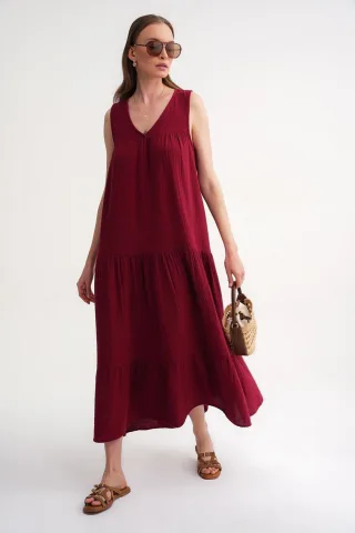Ärmelloses V-Ausschnitt Musselin-Midikleid mit Taschen