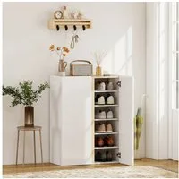 HOMCOM Schuhschrank mit 2 Hochglanz Türen Schuhregal mit 6 Verstellbaren Fächern (Schuhkommode, 1-St., Schuhaufbewahrung) mit Soft-Close-Funktion für 18 Paar Schuhe 70 x 33,5 x 95 cm, Weiß