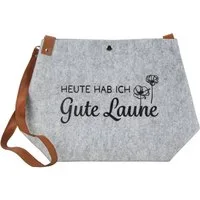 Mel-O-Design Shopper Filztasche Tragetasche aus Filz (mit der Aufschrift " Heute hab ich Gute Laune ", Einkaufsshopper Grau, mit Druckknopf), H/B/T : 30x45x18 cm