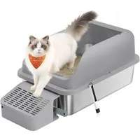 FEANDREA Katzentoilette Edelstahl, mit hohen Seitenwänden, Trittstufe, Schaufel, Bürste, offenes Design, für Katzen bis zu 15 kg, 62 x 42 x 30 cm (L x B x H)
