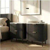 en.casa Nachttisch (2er Set), »Olvehok« 55x52x38 cm mit 2 Schubladen Schwarz/Marmoroptik, weiß