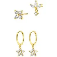 Hey Happiness Ohrring-Set Blumenlicht, 4er Layer Damen Schmuckset Silber 925, Blume Charm Creolen & kleine Zirkonia Ohrstecker, in Gold Silber