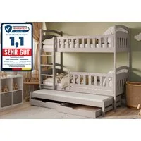 Kids Collective Etagenbett Hochbett Stockbett Kinderbett 90x200 cm mit Ausziehbett und Schubladen (mit drei Matratzen inklusive), Umbaubar zu 3 Einzelbetten mit Lattenrosten & Rausfallschutz, Kaschmir