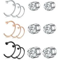 LuxusKollektion Nasenpiercing Fake Nasenring Set 15 Stück Edelstahl magnetisch CZ 6mm 8mm 10mm