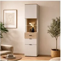 Lomadox Vitrine ISCHIA-36 inkl. LED Beleuchtung, Beige mit Eiche, 45 cm breit, Softclose