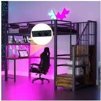 Merax Hochbett 90×200cm mit LED-Licht & Steckdosen (Etagenbett Jugendbett Loftbett Einzelbett, 1-St) Metallbett Kinderbett mit Stauraumtreppe Kleiderschrank Ablageflächen
