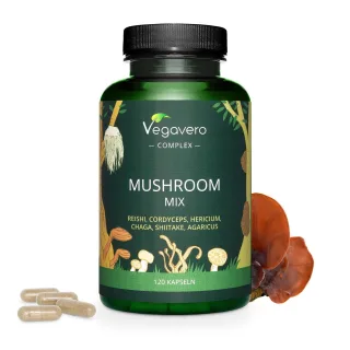 Vegavero Mushroom Mix | 120 Kapseln | 6 Pilzextrakte: Reishi, Cordyceps, Hericium, Chaga, Shiitake, Agaricus | vegan