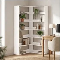HOMCOM Bücherregal rutschfester Rückenschutz, Standregal 1-tlg., L-förmiges Eckregal mit 7 Ebenen, 7 cm hohe Rückwand, Kippschutz
